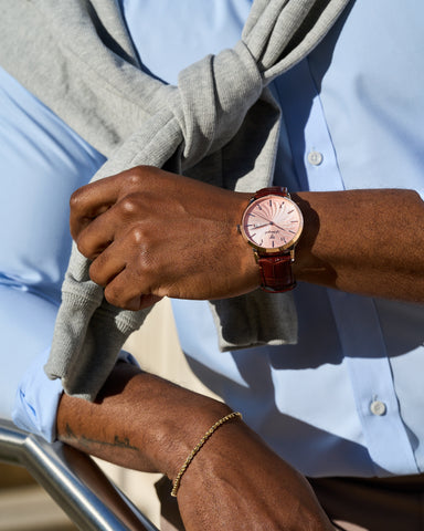 J Marquel Odyssey Rosewood Luxe watch in rose gold with brown strap — premium watch
