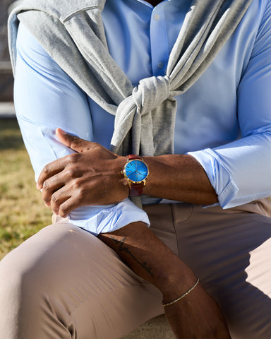 J Marquel Odyssey Sapphire Voyage watch in blue with brown strap — luxury timepiece