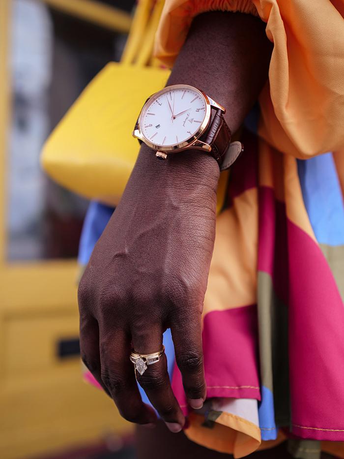 J Marquel Daydream Classic Crest watch in white with brown strap — unisex luxury watch